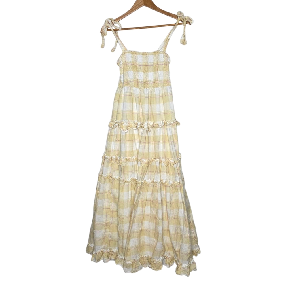 Storia Sunny Days Tiered Ruffle Smocked Bow Yellow Plaid Maxi Dress‎ Medium M